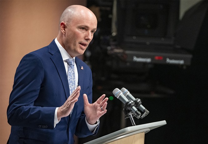 Utah Gov. Spencer Cox takes questions from reporters at PBS Utah on Thursday, May 18. - POOL PHOTO