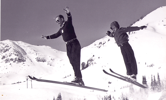 Alf Engen and son, Alan, practice ski jumping in the late 1940s. - COURTESY PHOTO