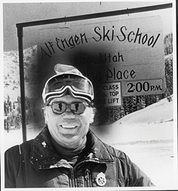 Alf Engen near the sign of the Alta ski school bearing his name - COURTESY PHOTO