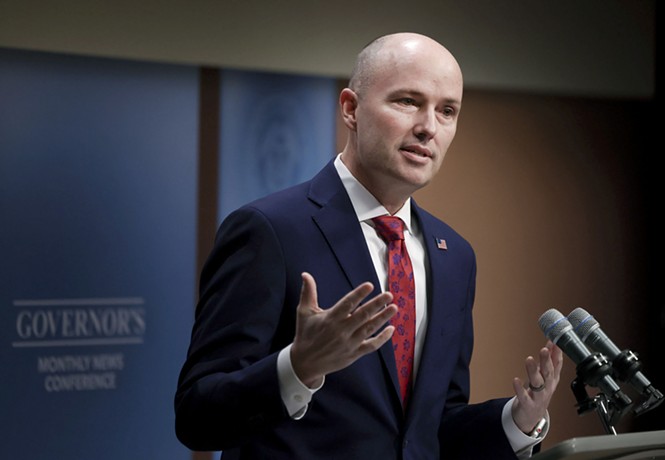 Gov. Spencer Cox takes questions at his monthly televised press conference on Thursday, Feb. 15, 2024 - LAURA SEITZ | POOL PHOTO