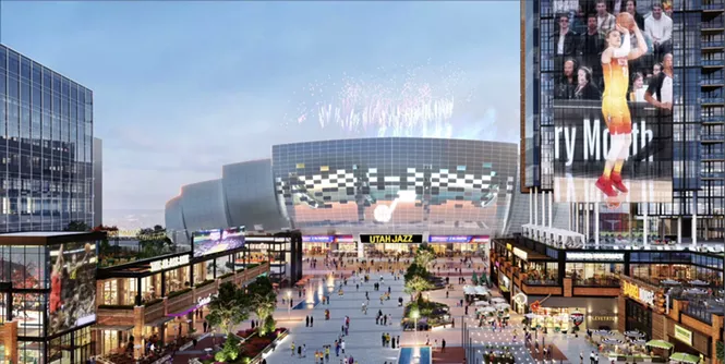 A conceptual rendering of what a new Utah Jazz arena and entertainment district in downtown Salt Lake City could look like under new legislation.  -RYAN SMITH/TWITTER.COM