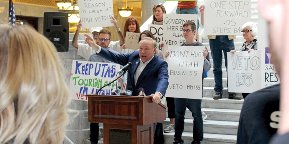 Sen. Jim Dabakis calls House Bill 155, Utah's controversial .05 DUI law, a "giant political blunder" at a rally on March 17, 2017. - ENRIQUE LIMÓN