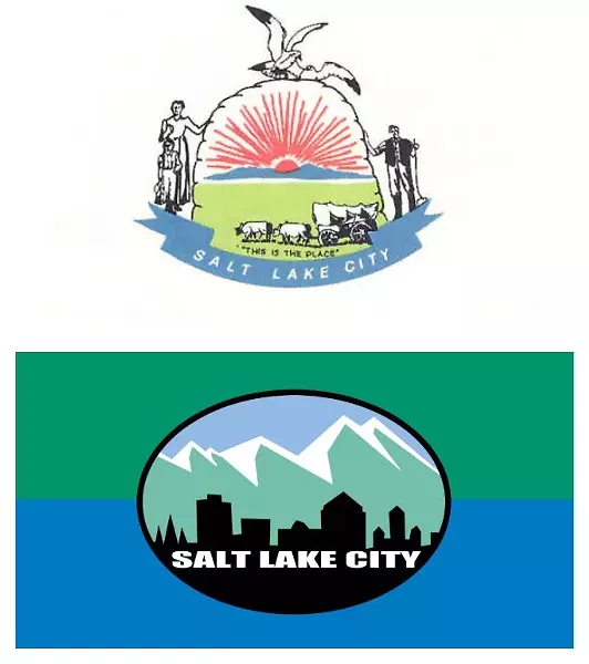 Above: The city’s original flag, which looked more like a “Mormon Sunday School” banner, according to former Mayor Rocky Anderson. Below: The city’s current flag designed during Anderson's tenure.