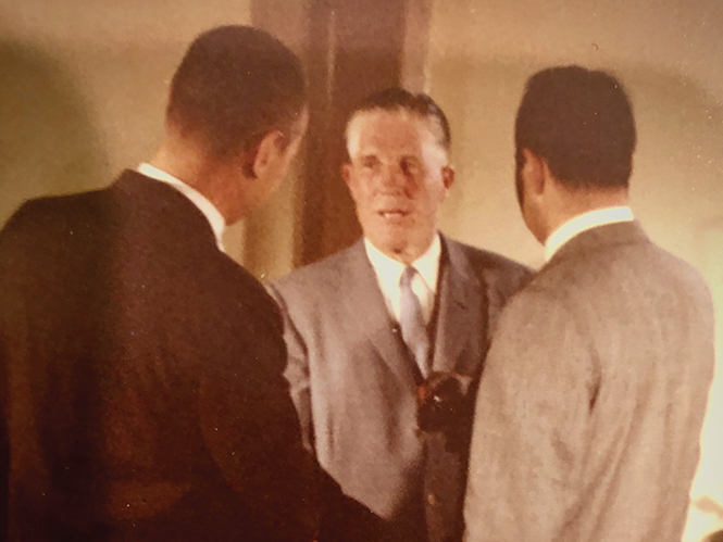 Fathers conversing: George Romney, center, speaking with network correspondent Sander Vanocur, right, in the 1960s - COURTESY CHRIS VANOCUR