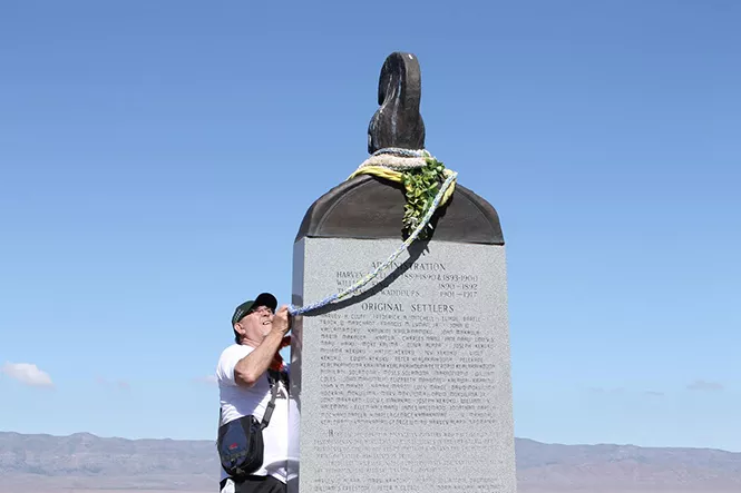 Colorful leis go up on Iosepa's Historical Memorial to commemorate the ghost town's anniversary. - JORDAN FLOYD