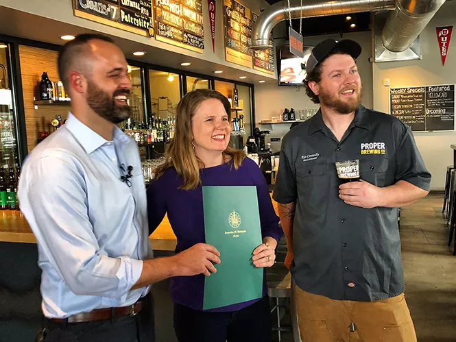 SLC Deputy Director of Economic Development Ben Kolendar, Utah Brewers Guild Executive Director Casey Slattery and Proper Brewing co-owner Rio Connelly. - MIKE RIEDEL