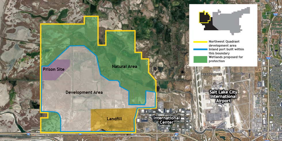 The exact location of the inland port hasn’t yet been decided, but it’d be located within the blue outlined area.