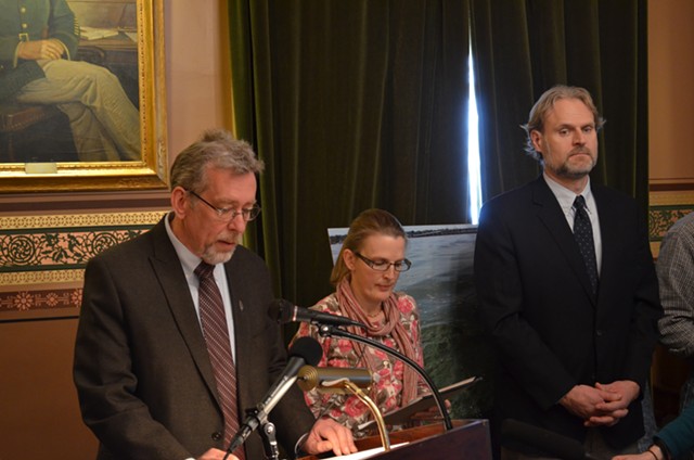 Brian Shupe, Lori Fisher and Chris Killian speak at a press conference on the state's proposed TMDL plan on Wednesday afternoon. - PHOTO BY PAUL HEINTZ