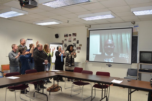 School board members and members of the search committee congratulate Yaw Obeng on Skype. - ALICIA FREESE
