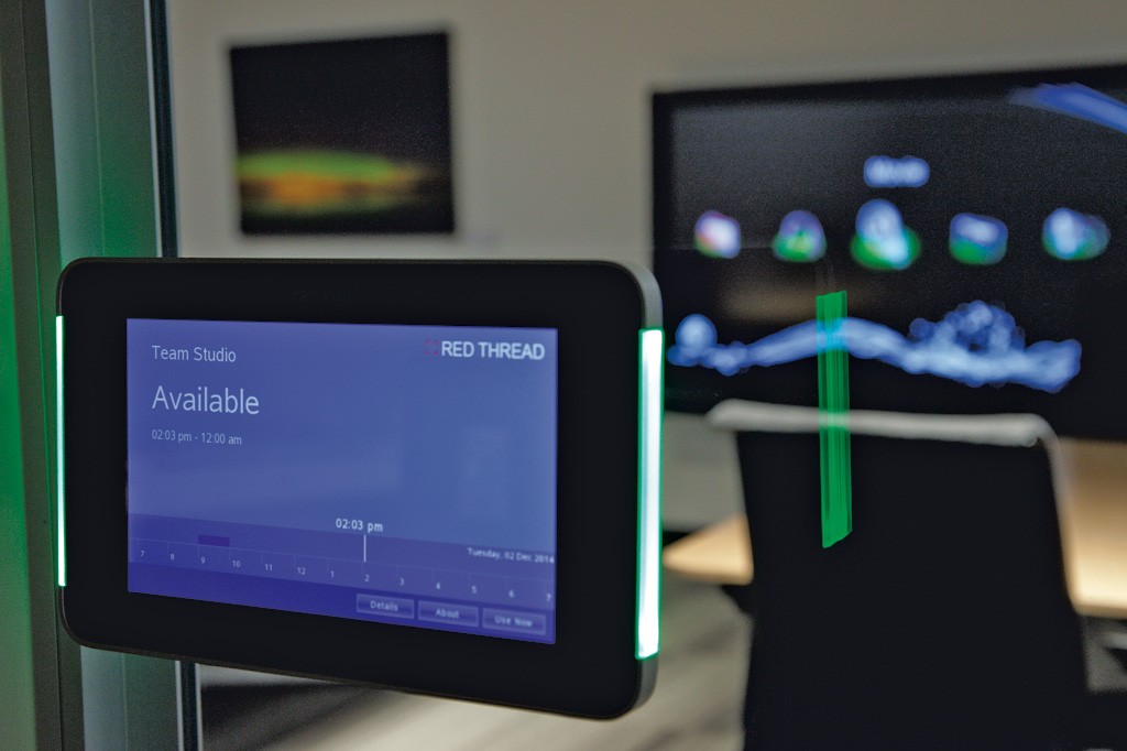 Conference spaces have touchscreens for easy room reservations