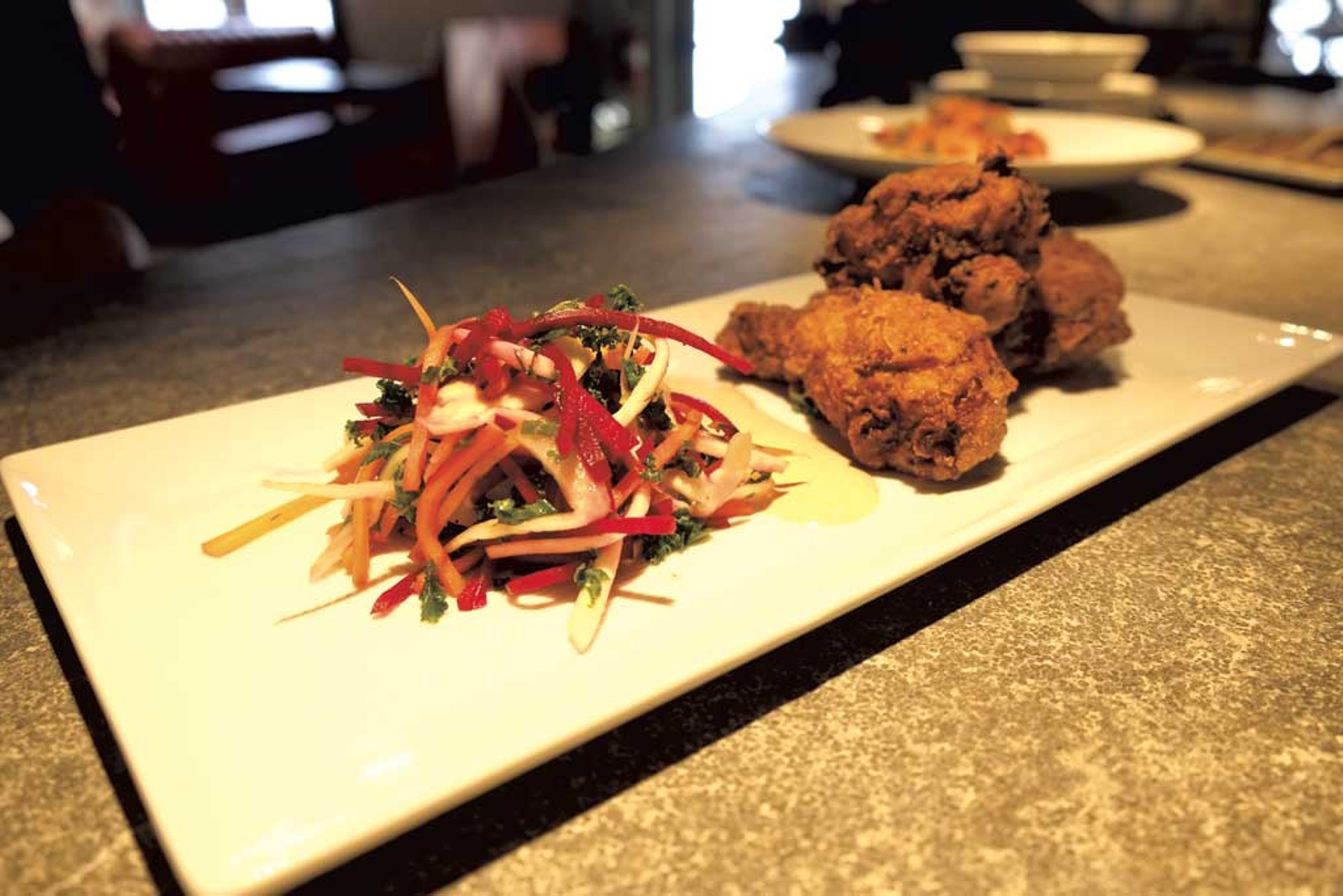 Fried chicken and root vegetable slaw