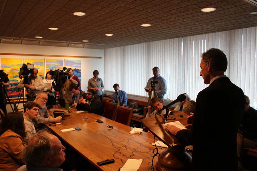 Gov. Peter Shumlin addresses the media last Wednesday at his Montpelier office - PAUL HEINTZ