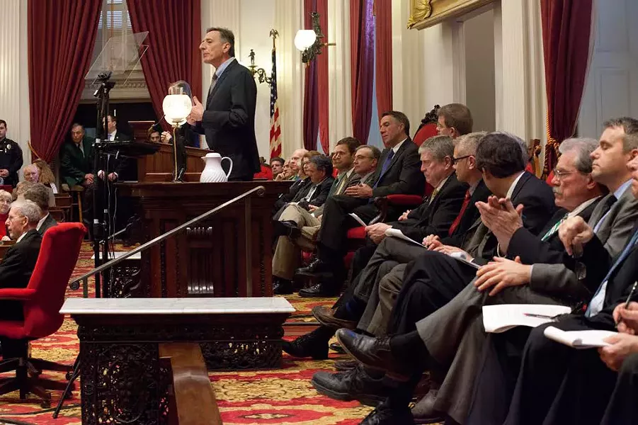 Gov. Peter Shumlin delivers his budget address in January. - MATTHEW THORSEN