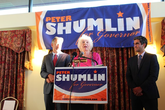 Gov. Peter Shumlin, former governor Madeleine Kunin and Mayor Miro Weinberger - PAUL HEINTZ