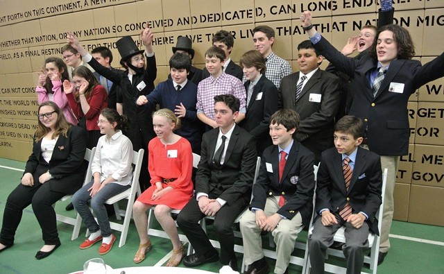Greenwood students, including one with a Lincolnian beard, exult at the premiere of The Address - COURTESY OF ARIA CARTER