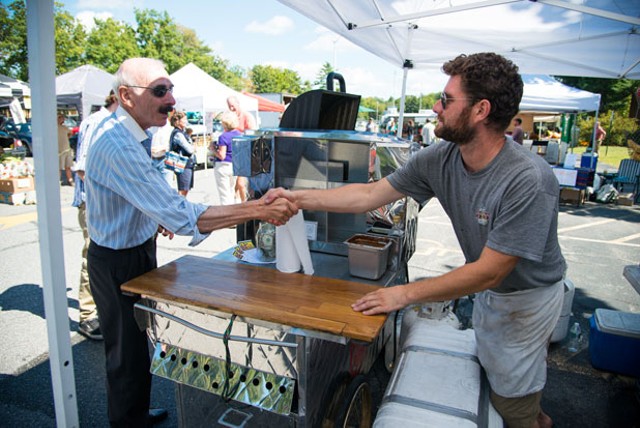 Jack McMullen and Brian Stefan at the South Burlington Farmers Market - ANDY DUBACK