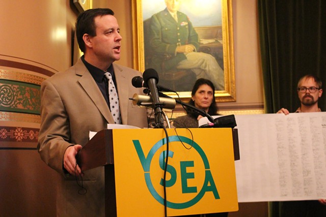 Vermont State Employees Association executive director Steve Howard at a Statehouse press conference Thursday - PAUL HEINTZ