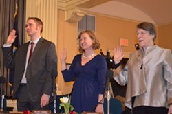 From left, Progressive councilors Max Tracy, Selene Colburn and Jane Knodell are sworn into office. - ALICIA FREESE