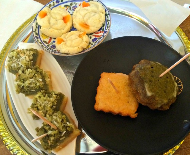 From left to right, coconut-matcha mochi, rosewater cookies and matcha-lemon cakes - ALICE LEVITT