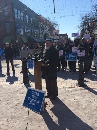 Rabbi Joshua Chasan speaks in support of CCTA bus drivers during an afternoon press conference on Church Street. - MARK DAVIS