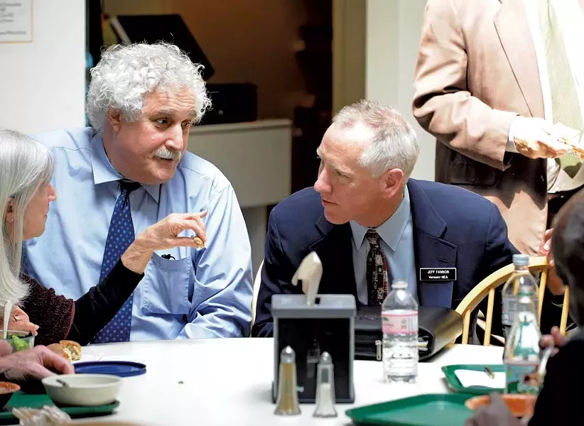 Rep. Janet Ancel, legislative chief fiscal officer Stephen Klein and Vermont-NEA lobbyist Jeff Fannon - STEFAN HARD