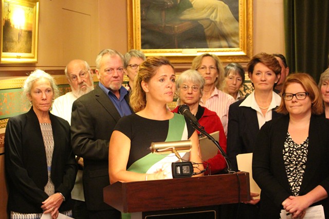 Rep. Sarah Copeland-Hanzas speaks to reporters in October at the Statehouse. - PAUL HEINTZ