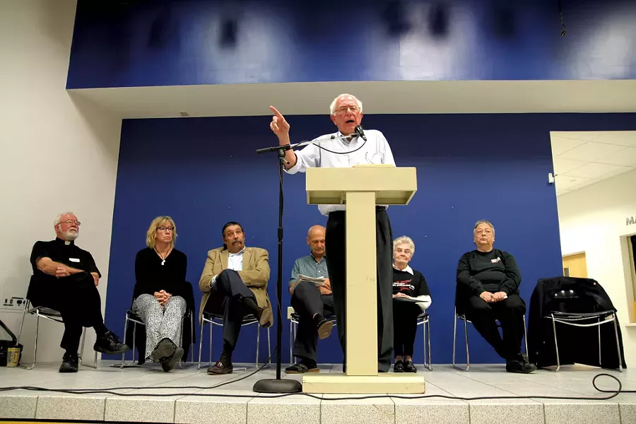 Sanders speaks at a town hall meeting at Clarke University in Dubuque, Iowa - ADAM BURKE