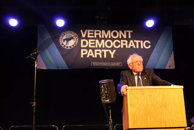 Sen. Bernie Sanders addresses the Vermont Democratic Party's Curtis Awards dinner in June 2014. - FILE: PAUL HEINTZ