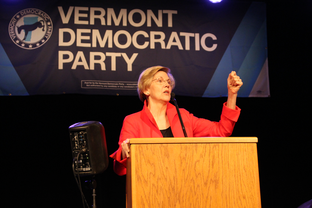 Sen. Elizabeth Warren speaks at the Vermont Democratic Party's Curtis Awards dinner in June - PAUL HEINTZ