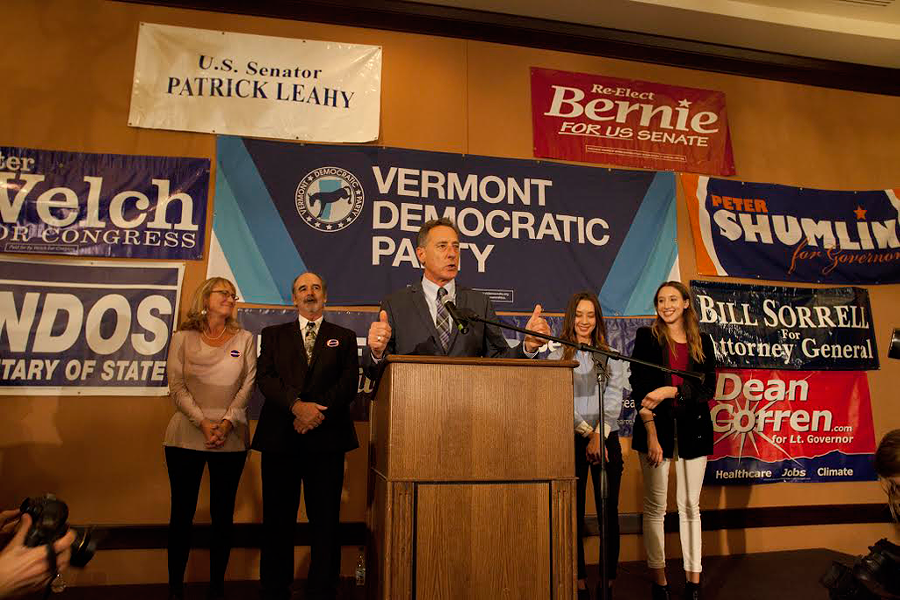 Shumlin addresses supporters Tuesday night the Burlington Hilton - MATTHEW THORSEN
