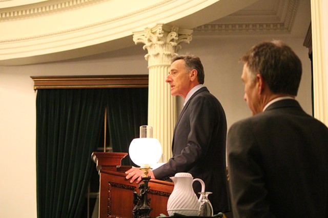 Lt. Gov. Phil Scott watches Gov. Peter Shumlin deliver closing remarks to the Vermont Senate. - PAUL HEINTZ