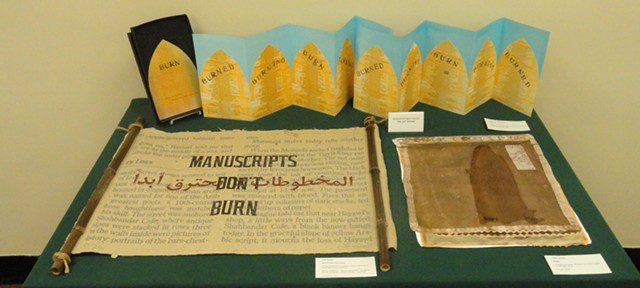 Top: "Burn" by Heather Matthew; left: "Manuscripts Don't Burn" by Dan Wood; right: "Empty" by Lahib Jaddo - DAVID HALE / GODDARD COLLEGE