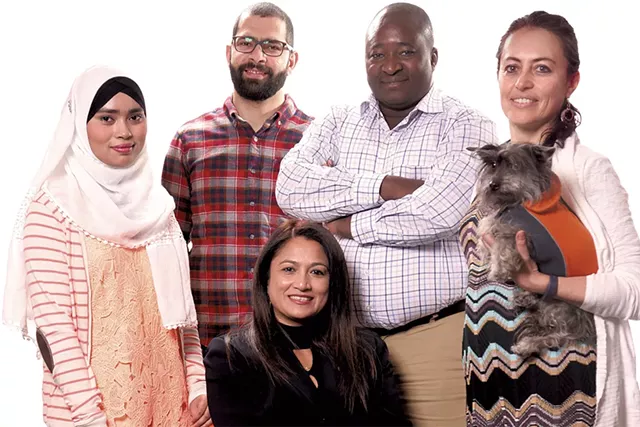 Clockwise from top left: Faridar Ko, Ahmed Alsaeedi, Issouf Ouattara, Marta Ceroni (with her dog Frida) and Hameda Hinkle - MATTHEW THORSEN