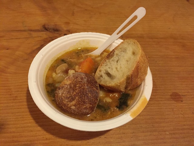 Minestrone soup and bread at Soup - SALLY POLLAK