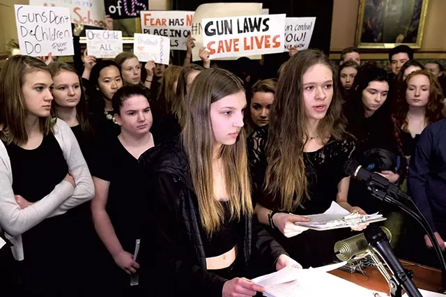 Montpelier High School juniors Nadia Scoppettone (center) and Emma Harter (right) - JEB WALLACE-BRODEUR