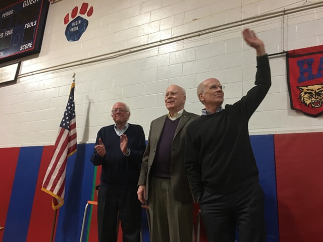 Vermont's all-male congressional delegation at a 2017 rally in Hardwick - FILE: JOHN WALTERS