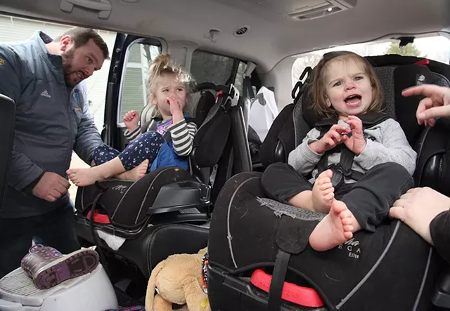 Jake, Bree and Genevieve Scott piling into the car - MATTHEW THORSEN