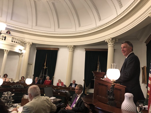 Gov. Phil Scott addresses the Senate Saturday at the close of the 2018 session. - ALICIA FREESE