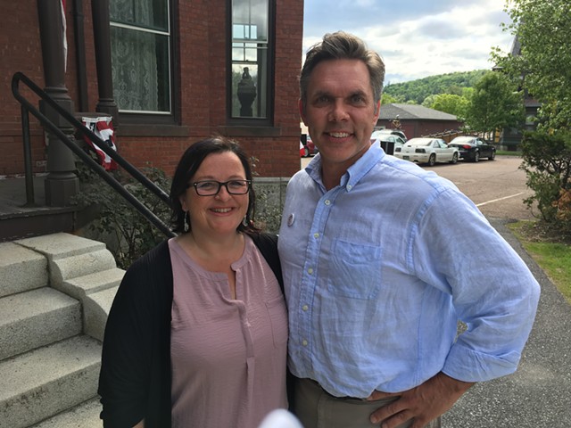 Democratic gubernatorial candidates Brenda Siegel and James Ehlers outside the Vermont Secretary of State's office - JOHN WALTERS