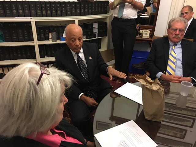 Sen. Randy Brock (center) explains his budget amendment to fellow senators Ginny Lyons and Mark MacDonald. - JOHN WALTERS