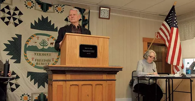 John McClaughry and Wanda Grant at Town Meeting Day 2017 - FILE: NANCY PIETTE