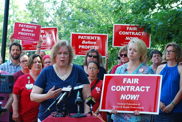 Nurses' union president Laurie Aunchman, right, and negotiator Julie MacMillan speaking to reporters - SARA TABIN