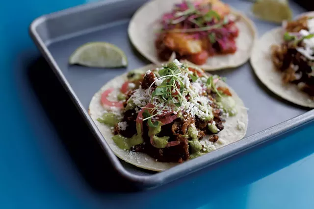 A three-taco plate with carne asada, pork and ahi tuna at Trail Break Taps + Tacos - SARAH PRIESTAP