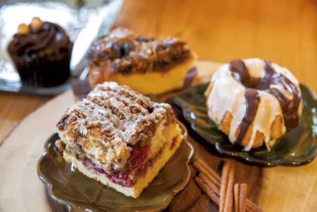 Clockwise from top left: chocolate-hazelnut cupcake, fig-and-rosemary upside-down cake, chocolate-chip-coconut teacake, and raspberry crumble coffee cake - JAMES BUCK