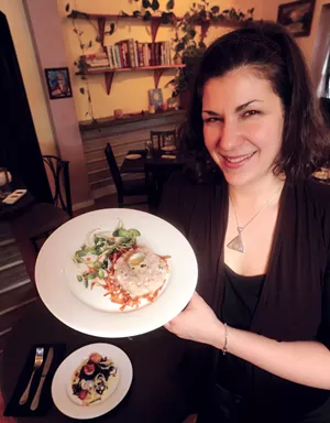 Suzanne Podhaizer with Gollum's hamachi tartare, potato nest, quail egg at Salt in Montpelier - JEB WALLACE-BRODEUR