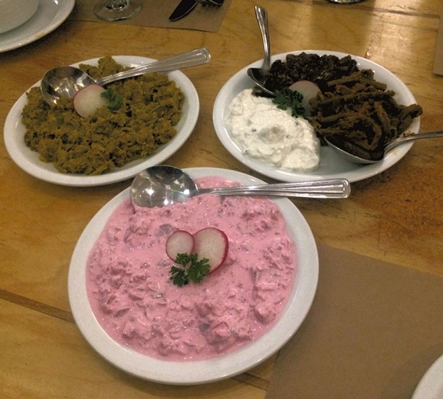 From top left: mirza ghassemi, mixed mezzes platter and labon at Byblos Le Petit Caf&eacute; - MOLLY ZAPP