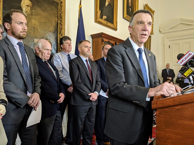 Gov. Phil Scott with (from left) Agency of Natural Resources Deputy Secretary Peter Walke and Bennington County Senators Dick Sears and Brian Campion. - TAYLOR DOBBS