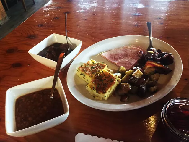 Ragout of meatballs and pigs' feet, ham, pork jowls, potatoes, omelette, and fèves au lard - MOLLY ZAPP