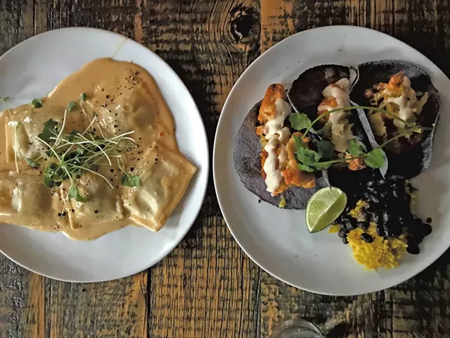Ravioli and cauliflower tacos at Revolution Kitchen - SALLY POLLAK