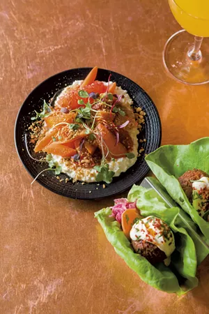 Roasted carrots and beets with lemon ricotta and dukkah; red pepper falafel with apricot labne; and Always Sunny cocktail with turmeric-infused gin - OLIVER PARINI
